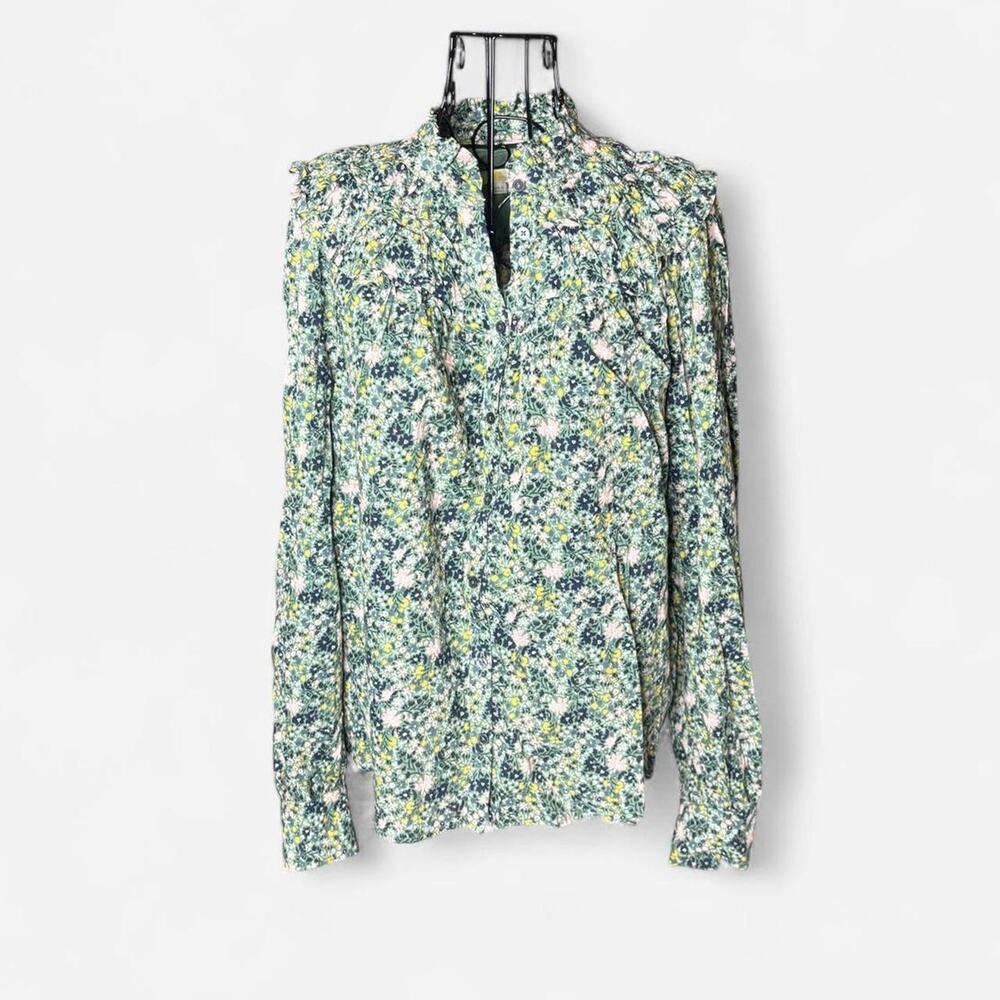 Boden Women Floral Print Long Sleeve Ruffle Collar Blouse Top Green US 10 UK 14
